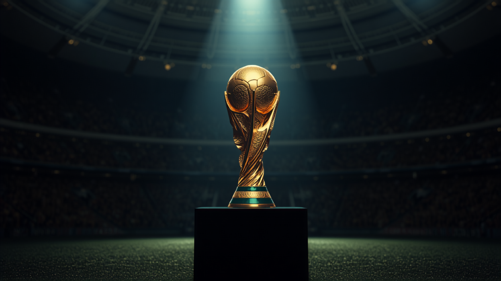 Gold World Cup style trophy displayed on a pedestal under dramatic stadium spotlight ahead of the 2026 final